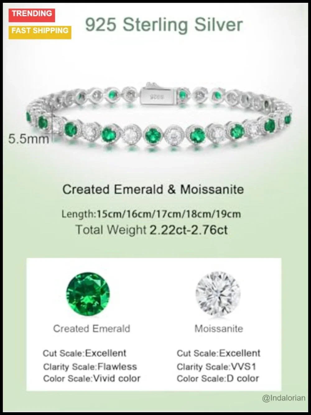 Moissanite Emerald Tennis Bracelet 925 Sterling Silver Rhodium Plated